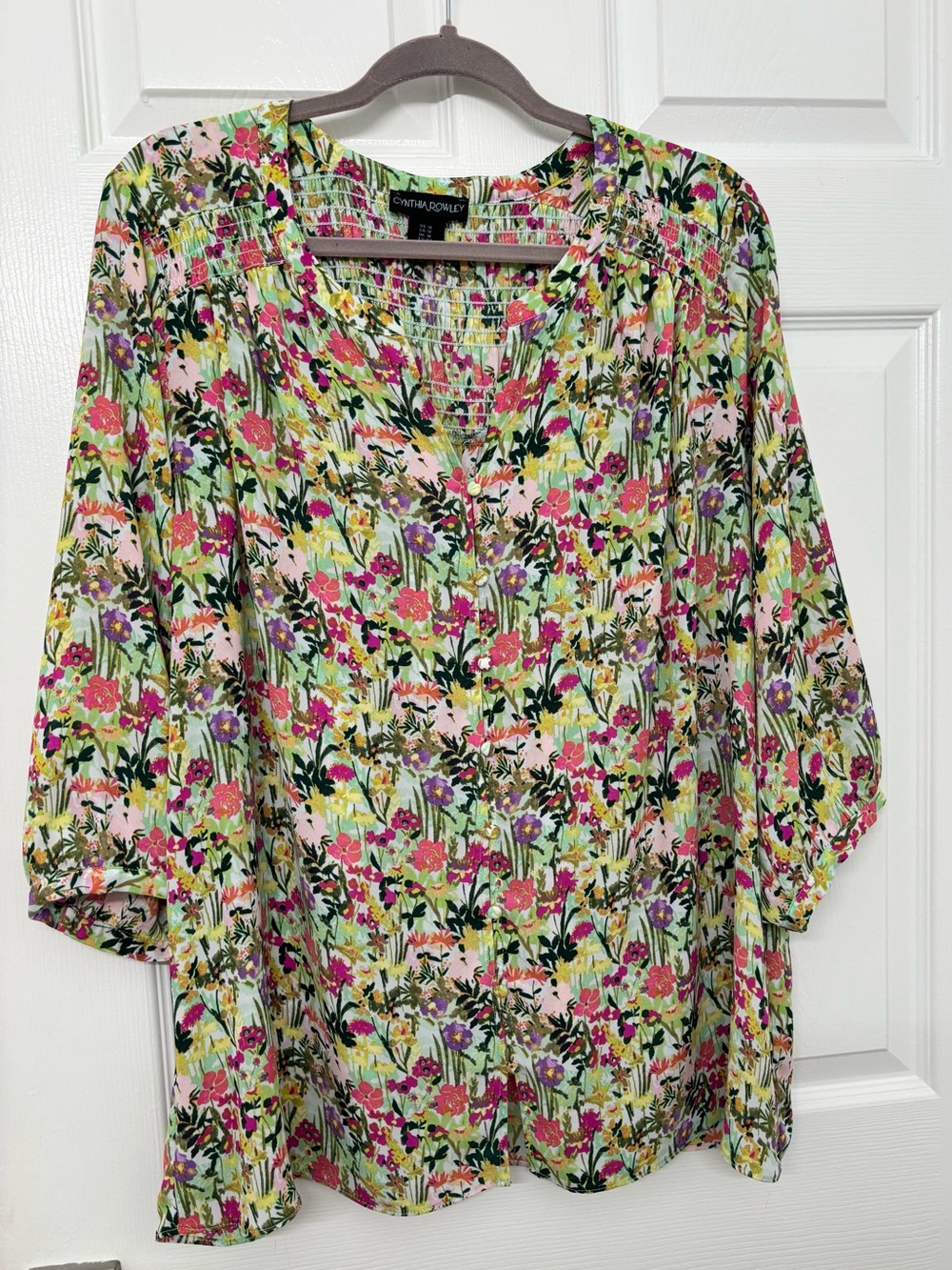 Cynthia Rowley Green & Pink Multicolor Floral V-Neck Blouse 1X